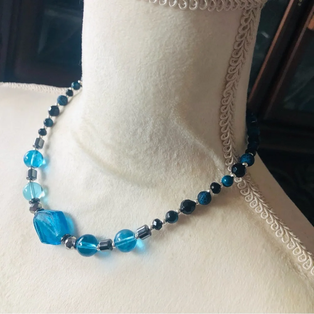 Handcrafted repurpose glass apatite agate hematite stone beaded necklace